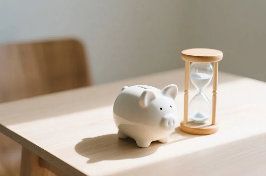A minimalist ceramic piggy bank next to a classic hourglass on a light-colored wooden table, soft morning sunlight casting gentle shadows, symbolizing budget control and patience, clean editorial background